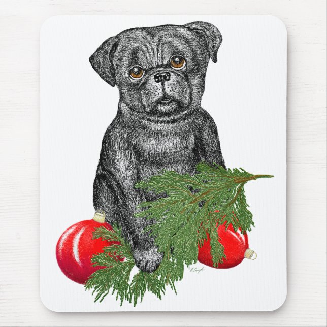 Mousepad Black Pug Puppy Adorável Arte De Natal (Frente)
