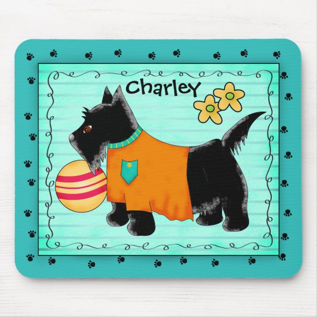 Mousepad Black Scottie Terrier Dog Name Personalizado Teal (Frente)
