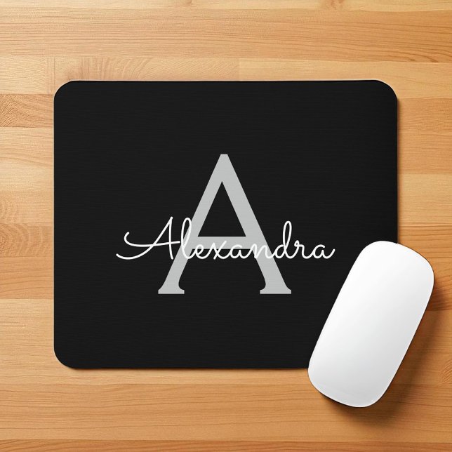 Mousepad Black Silver Modern Script Girly Monographic Name (Criador carregado)