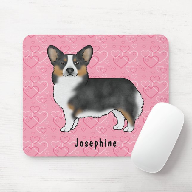 Mousepad Black Tri Pembroke Welsh Corgi Hearts Com Nome (Com mouse)