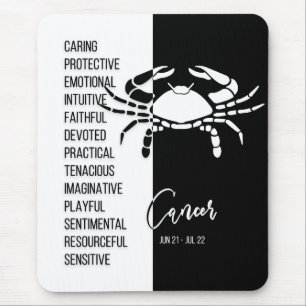 Mousepad Bloco de sinais Zodiac do cancer, preto e branco