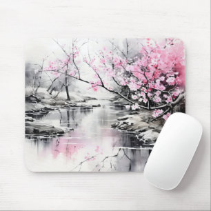 Mousepad Blooming Sakura sobre pintura de tinta fluvial