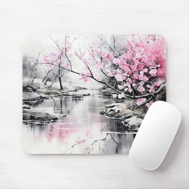 Mousepad Blooming Sakura sobre pintura de tinta fluvial (Com mouse)