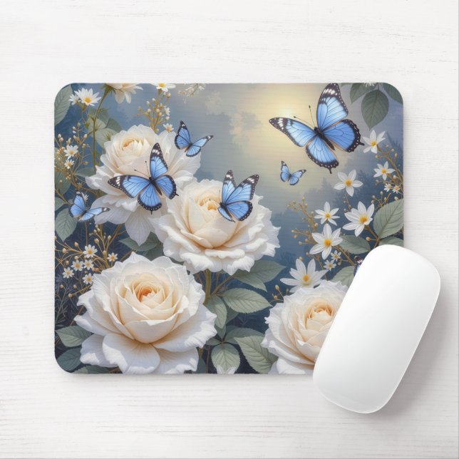 Mousepad Blue Butterflies in a White Rose Garden (Com mouse)