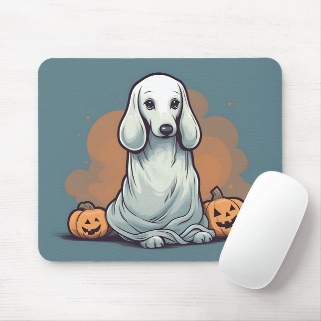Mousepad Blue Dachshund Ghost Orange Pumpkin Halloween (Com mouse)