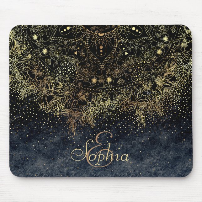 Mousepad Blue Dourado Mandala Floral (Frente)
