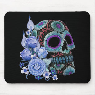 Mousepad Blue Floral Black Sugar Skull Day Of The Dead
