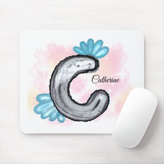 Mousepad Blue Floral Watercolor Letter C (Com mouse)