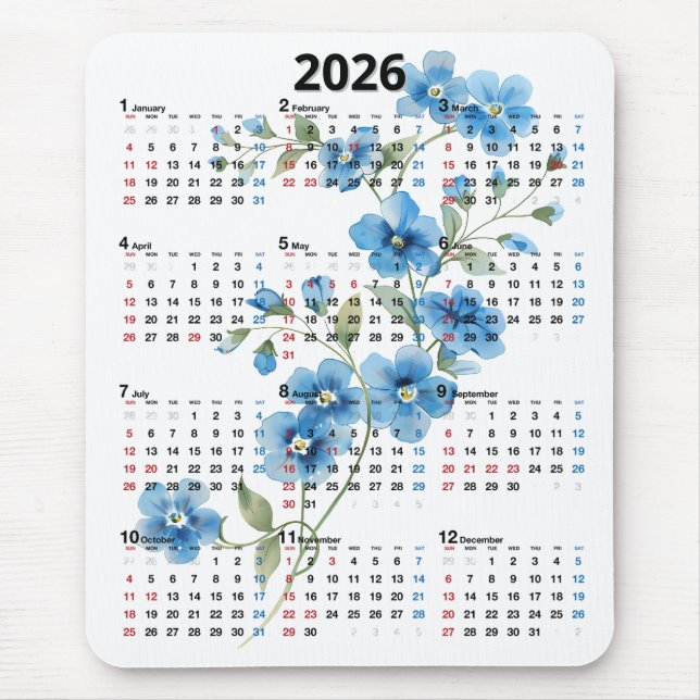 Mousepad Blue Flowers 2026 Calendar On White (Frente)