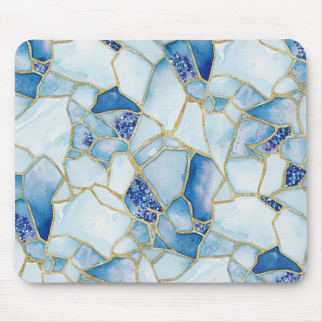 Mousepad Blue Gold Watercolor Sea Glass Mosaic Pattern (Frente)