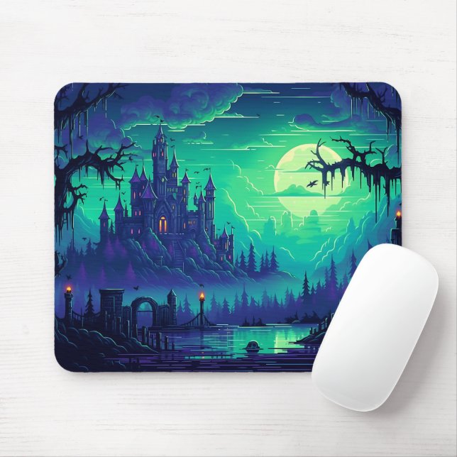 Mousepad Blue Halloween Spooky Castle Halloween Moon (Com mouse)