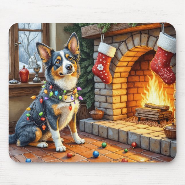 Mousepad Blue Heeler Fireplace with Christmas Lights (Frente)