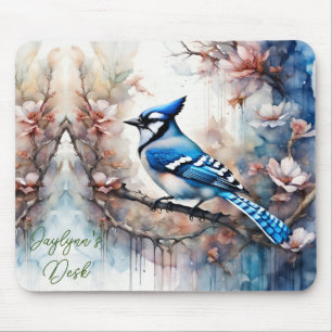 Mousepad Blue Jay Cherry Blossoma aquarela *Personalizar*