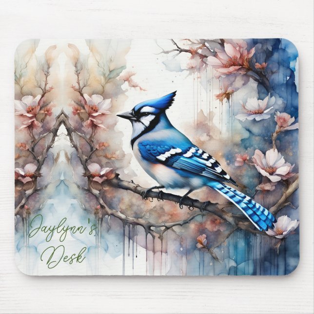 Mousepad Blue Jay Cherry Blossoma aquarela *Personalizar* (Frente)
