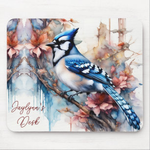 Mousepad Blue Jay Cherry Blossoma aquarela *Personalizar*