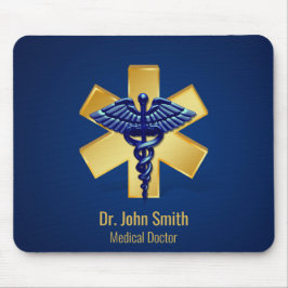 Mousepad Blue Medical 3D Caduceus Gold Cross