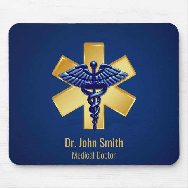 Mousepad Blue Medical 3D Caduceus Gold Cross (Frente)