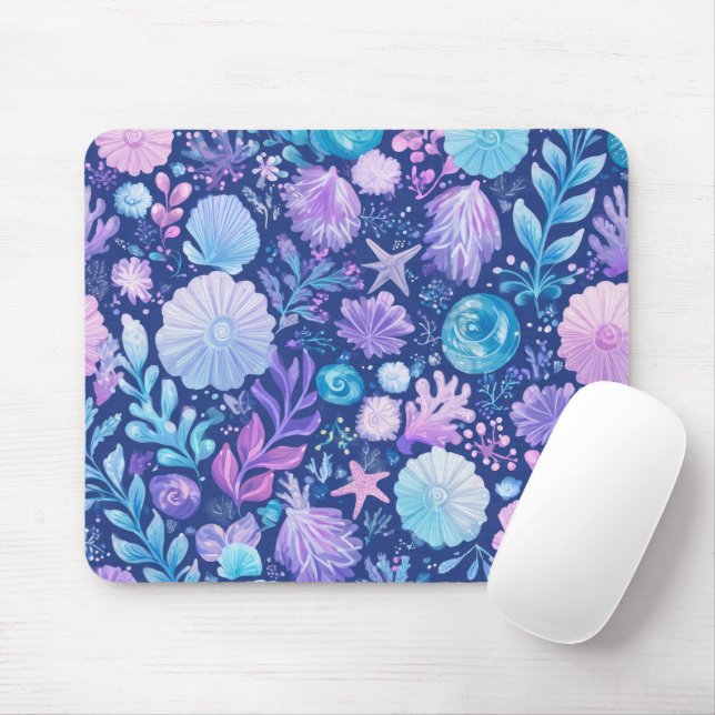 MOUSEPAD BLUE PINK PURPLE UNDERSEA PLANTS & SEASHELLS (Com mouse)