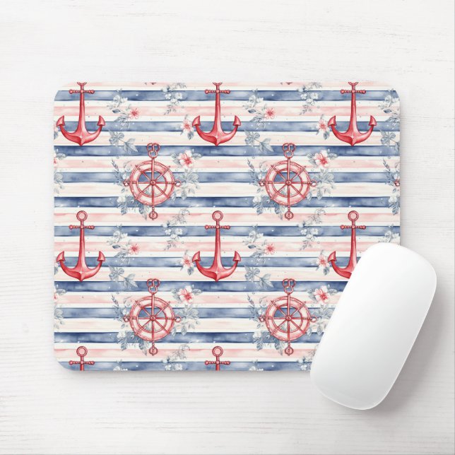 Mousepad Blue Red Anchors Floral Stripes Beach  (Com mouse)