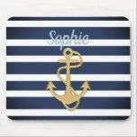 Mousepad Blue Stripes & Gold Anchor Nautical<br><div class="desc">Blue Stripes & Gold Anchor nautical design. 
Customize to your liking; it's a template. :)</div>