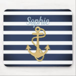 Mousepad Blue Stripes & Gold Anchor Nautical<br><div class="desc">Blue Stripes & Gold Anchor nautical design. 
Customize to your liking; it's a template. :)</div>
