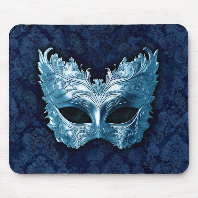 Mousepad Blue Venetian Mask on Blue Damask Background (Frente)