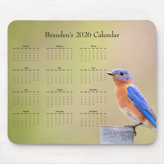 Mousepad Bluebird - Customizable full year 2026 calendar (Frente)