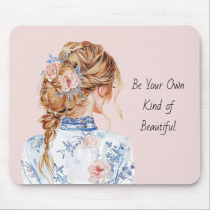 Mousepad Blusa Floral Rosa Azul e Branco Feminina Cabelo Ru