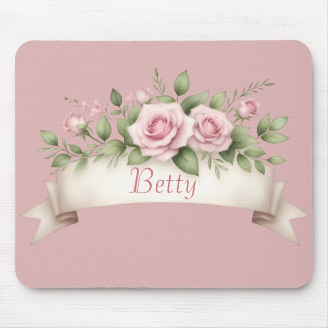 Mousepad Blush Pink Rose Custom Name (Frente)