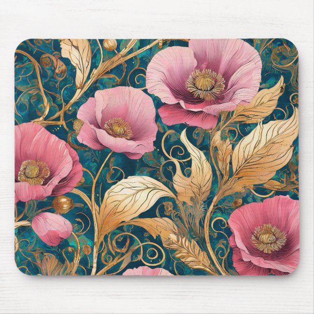 Mousepad Blush Poppy Scroll  - Art Nouveau Floral (Frente)