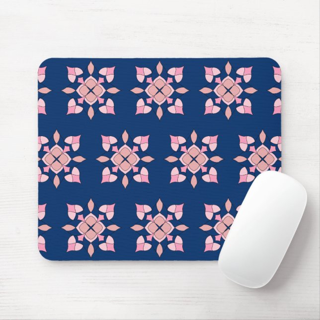 Mousepad Blush Rosa e Azulejos Florais Geométricos Navy (Com mouse)