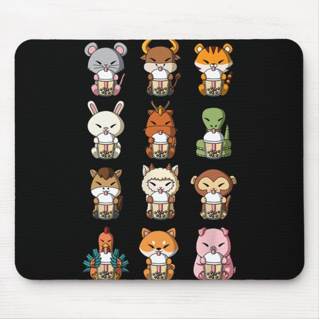 Mousepad Boba Bubble Milk Tea Chinese Zodiacs Animal Lunar  (Frente)
