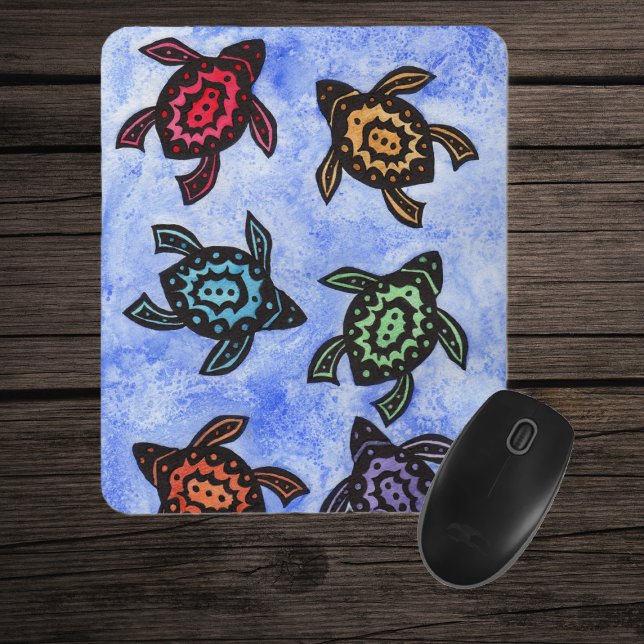 Mousepad Boca-Colorida de Tartarugas Abstrato (Abstract turtles different coloured shells on watery look blue mouse pad.)
