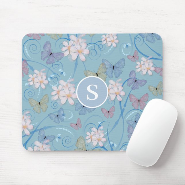 Mousepad Bocal Floral Monograma Borboleta Azul (Com mouse)