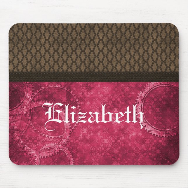 Mousepad Bocal Steampunk de Engrenagens Metálicas, Rosa (Frente)