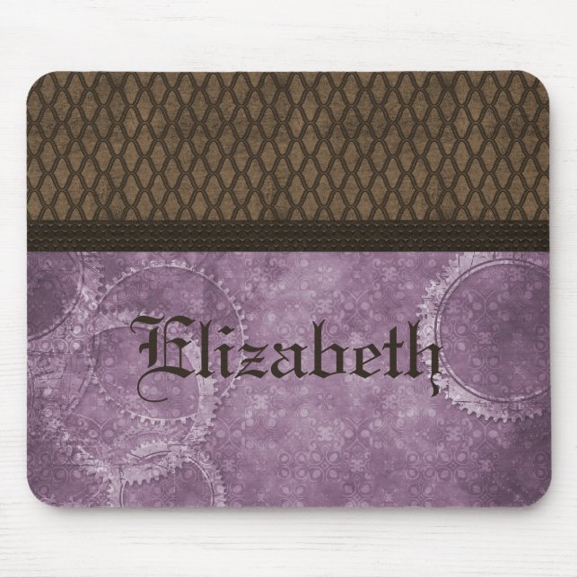 Mousepad Bocal Steampunk de Engrenagens Metálicas, Roxo (Frente)