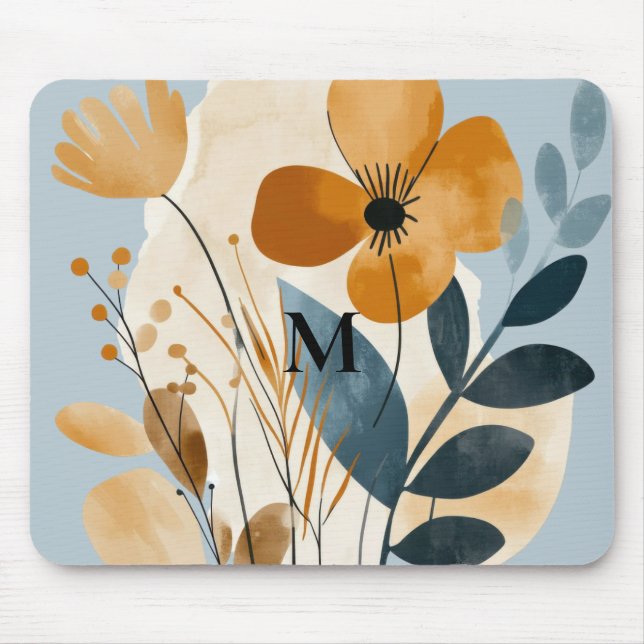 Mousepad Boho Botanical Floral Watercolor Blue Peach (Frente)