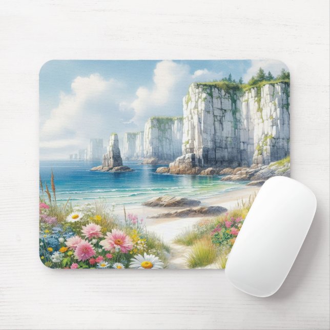 Mousepad Boho Coastal Cliffs Wildflower Beach Art (Com mouse)