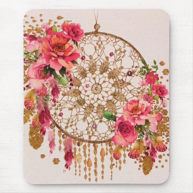 Mousepad Boho Dreamcatcher Dourada Cor Floral Rosa (Frente)
