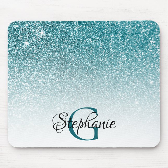 Mousepad Bokeh Verde Água Brilho Branco Ombre Monograma (Frente)
