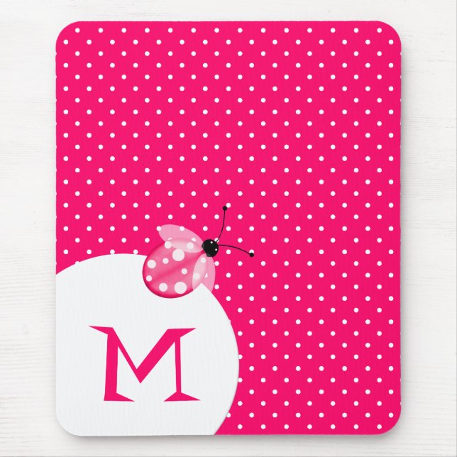 Mousepad Bolinhas cor-de-rosa à moda com joaninha & (Frente)