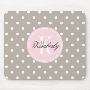 Mousepad Bolinhas do Taupe com monograma cor-de-rosa