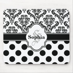 Mousepad Bolinhas em branco com Damasco de Vintage Preto