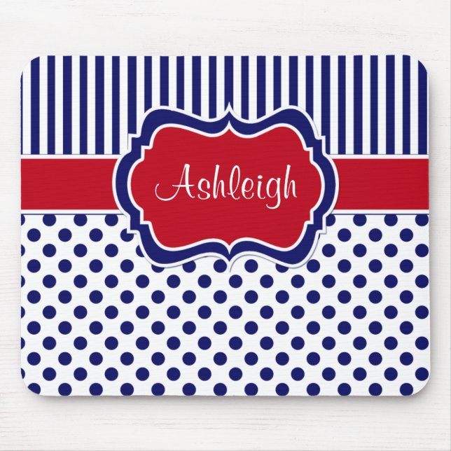 Mousepad Bolinhas listradas azuis brancas vermelhas (Frente)