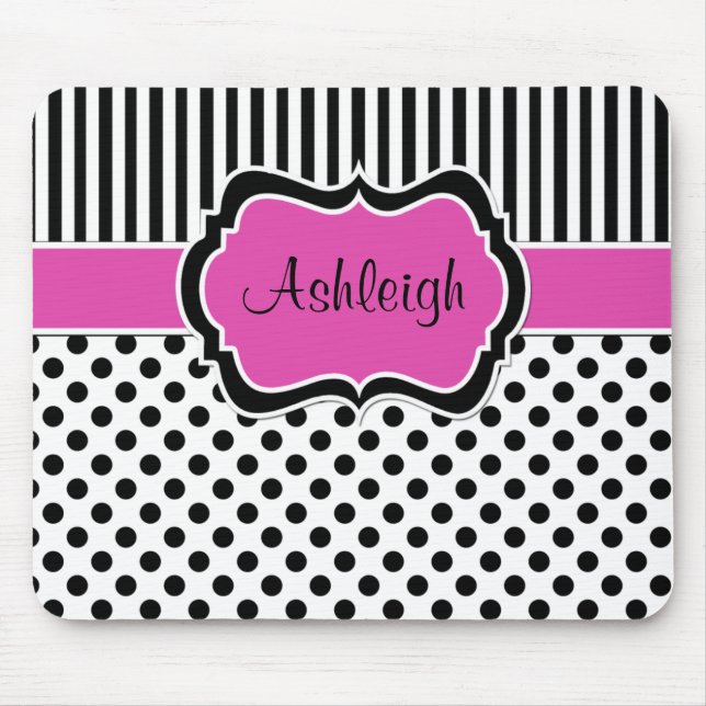 Mousepad Bolinhas listradas brancas pretas cor-de-rosa (Frente)