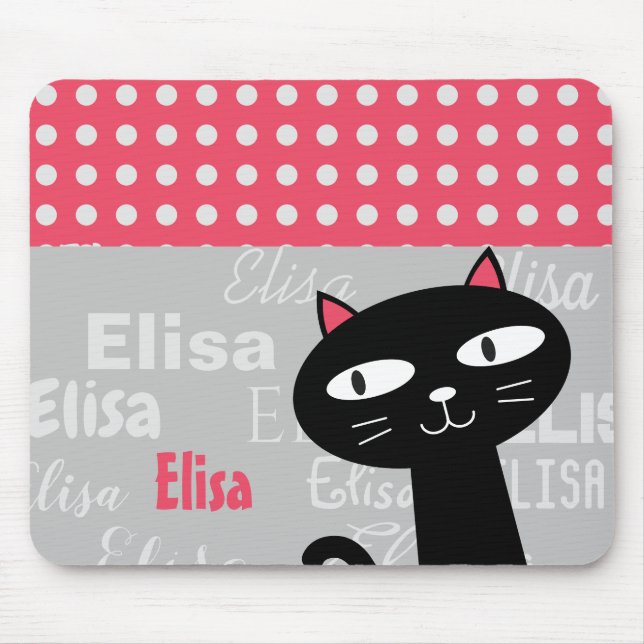 Mousepad Bolinhas Rosa Gato Preto-Grito Adicionam Seu Nome (Frente)