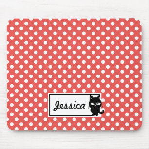 Mousepad Bolinhas Vermelha e Gato Preto Personalizado