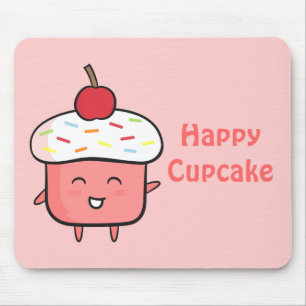 Mousepad Bolo de aniversário rosa fofo e feliz com cereja