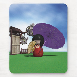 Mousepad Boneca Kokeshi Japonesa Arte de Flor de Cerejeira