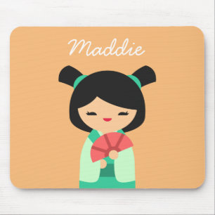 Mousepad bonecas japonesas cor-de-rosa aqua Kokeshi